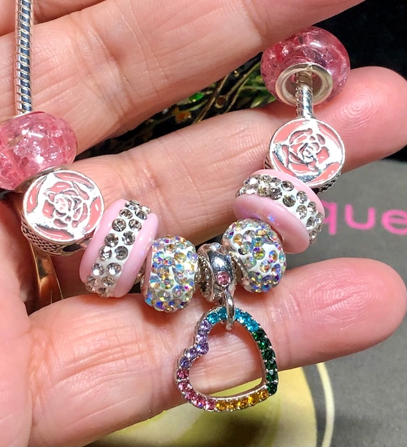 PANDORA BRACELET WITH PINK & WHITE PAVE CRYSTAL WIFE HEART LOVE THEMED  CHARMS!