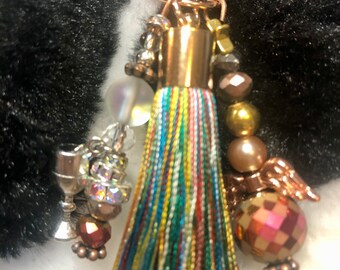 Tassel with rose gold Key fob/keychain for phone and can decorate your purse or pocket. angel wings and wine, beads and rhinestone accent