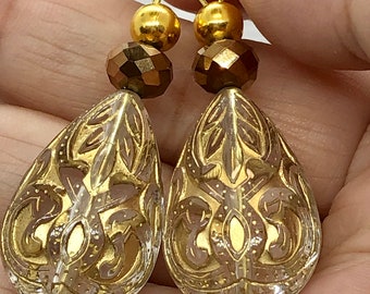 Art Deco resin and gold foil Dangle drop earring with large pear shaped beads, gold and bronze accents. very unique. Gift for her