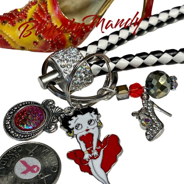 sexy lady CARTOON theme, REDs Key fob/keychain for phone/can decorate purse/pocket. glitter and beads, glam/bling, gift for her