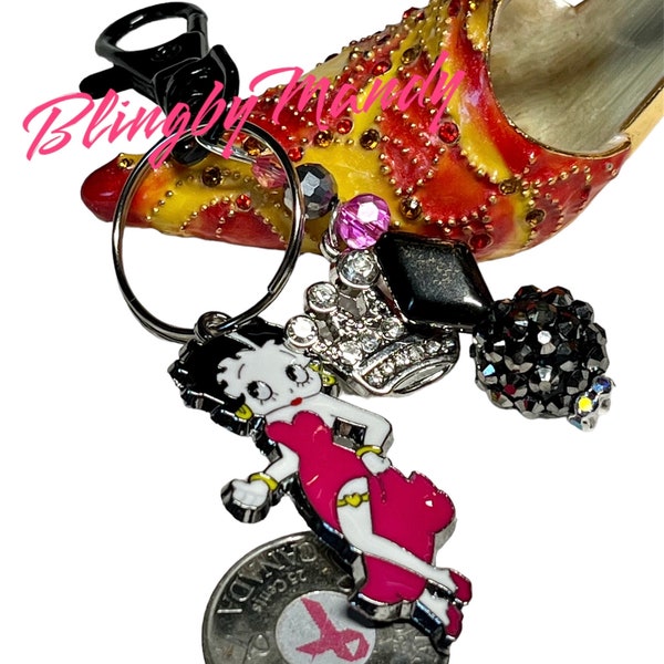 sexy lady CARTOON theme, hot pink Key fob/keychain for phone/can decorate purse/pocket. glitter and beads, glam/bling, gift for her