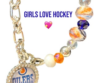 SILVER Edmonton Oilers theme CHUNKY bracelet-handmade, orange and blue, NHL-made with love, girls love hockey too!