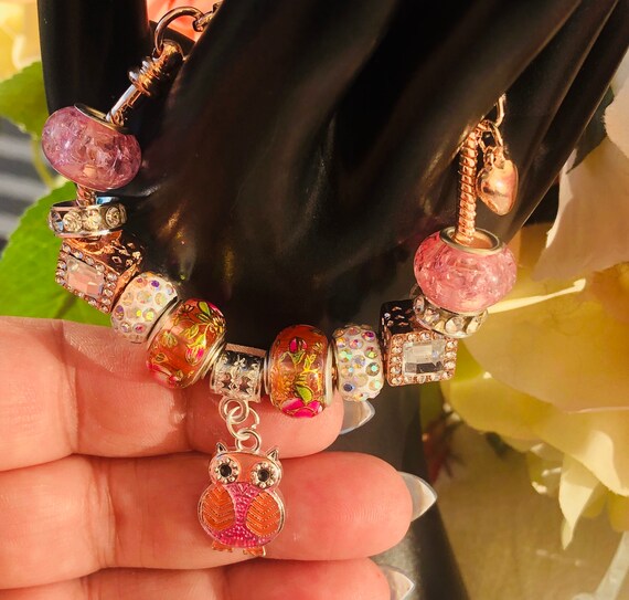 Charm Bracelet Pandora Like Pink Owl and Rose Gold Accents. Extendable Lobster Clasp. Large Hole Beads. Glitter and Shine