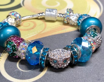 Charm bracelet Pandora like FOX head/gorgeous teal blue beads/accent, great looking bracelet, Pandora inspired charm. unique. Gift for her