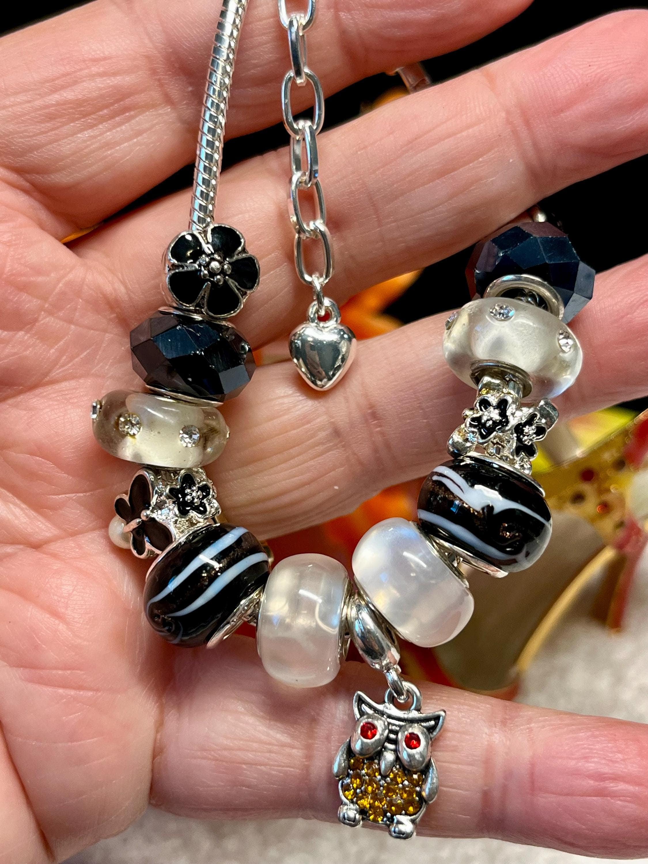 Pandora like Charm Bracelet OWL/Black/Silver accent/Glitter beads/Gorgeous/Rhinestone Fashion Jewelr