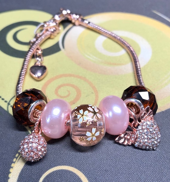 Pandora Like Charm Bracelet, Rose Gold, Angel Heart and Pave Ball