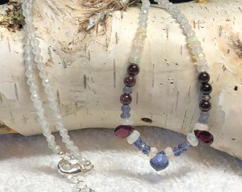 Natural GARNET/IOLITE gemstone necklace, Ethiopian OPALS, sterling minimalist, white tourmaline, crystal necklace, delicate gift for her