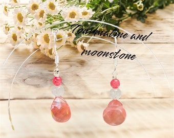 Cute earring, watermelon and pink tourmaline/moonstone earring! pretty earring. gorgeous Dangle drop earring. gift for her, gift for mom