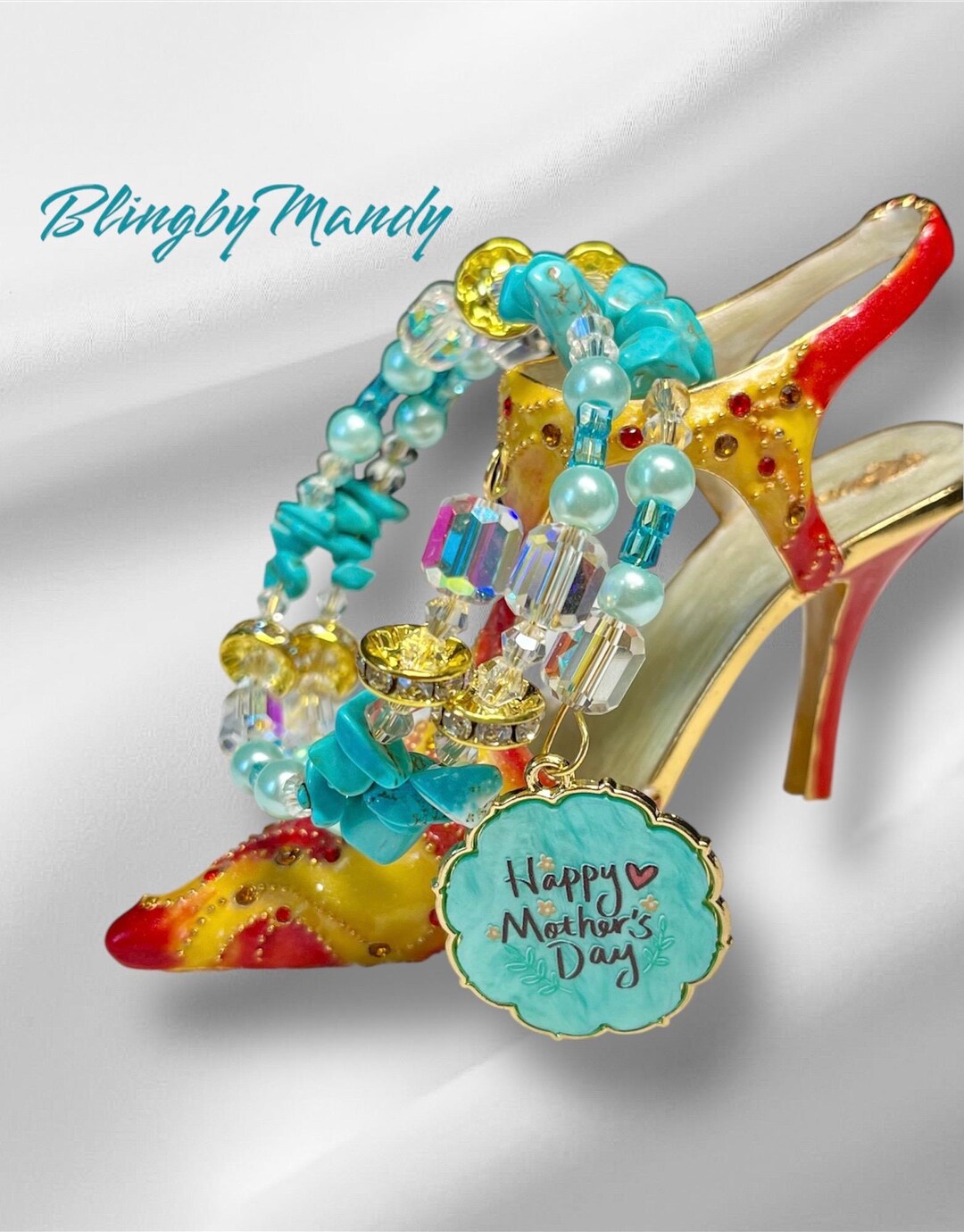 MOTHERS DAY Charm Bracelet Memory Wire. Blue and Gold Tones/tumbled ...