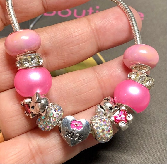 Pandora Like Charm Bracelet. BRIGHT Pink Charms Teddy Bears Love