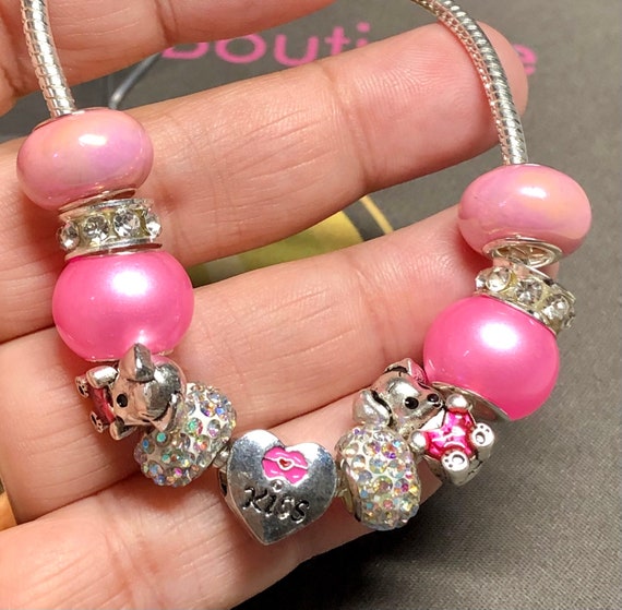 Pandora Like Charm Bracelet. BRIGHT Pink Charms, Teddy Bears, Love