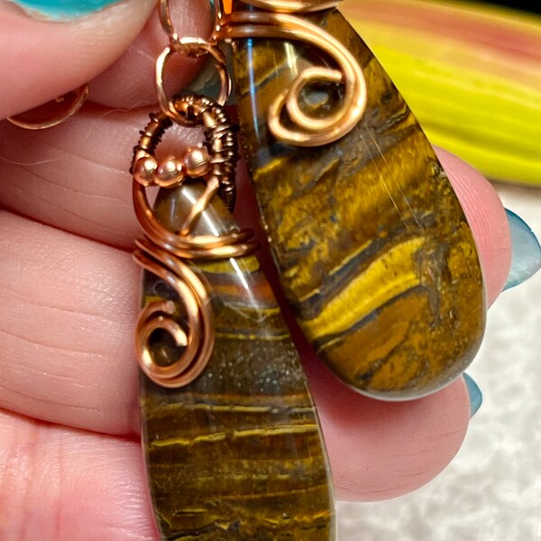 Genuine Tiger Eye Wrapped Earring/Copper Wire/Amazing/Large Dangle/Unique one of a kind/Gift for Her/Mom/Wife/Sister