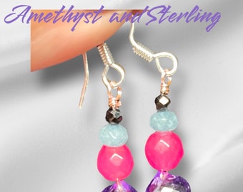 Cute earring, amethyst aquamarine pink tourmaline and spinel earring, sterling earring, pretty earring. Dangle drop earring. gift for her