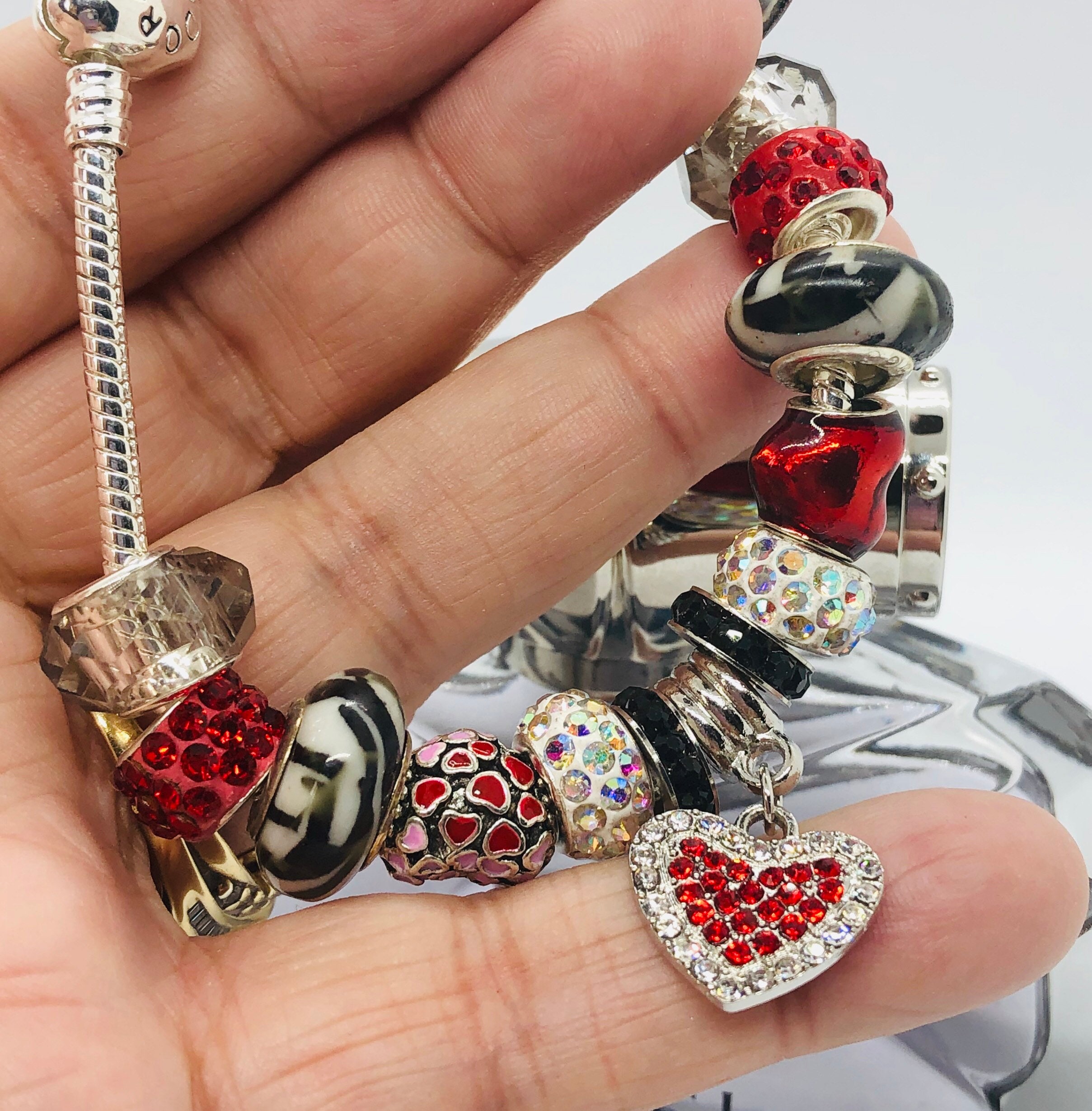Bold RED HEART Pandora Like Charm Bracelet Gorgeous Romantic