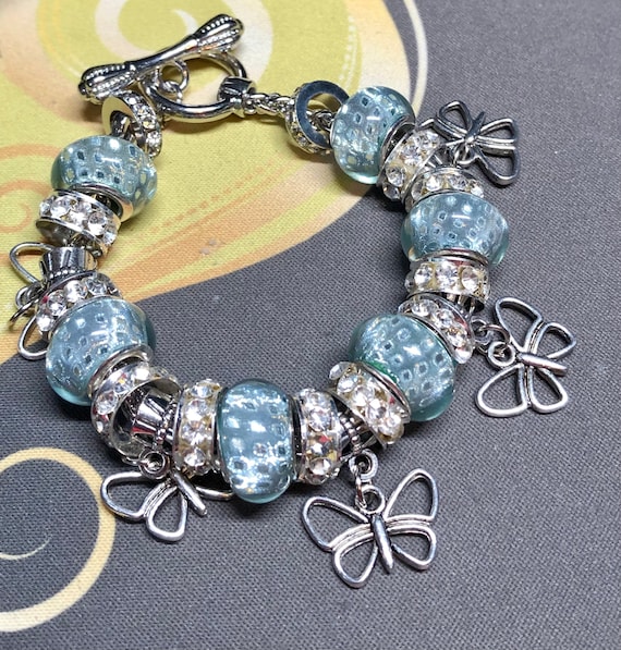 Charm Bracelet Pandora Like, Silver BUTTERFLIES X 5, Grey Blue Resin Beads  and Czech Rhinestone Spacers. European Fit. Gift for Her 