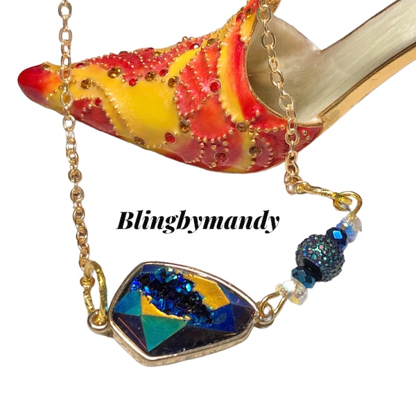 gorgeous iridescent druzy necklace/pendant, yellow gold metal chain, amazing sapphire blue colors. beads and rhinestones added, gift for her