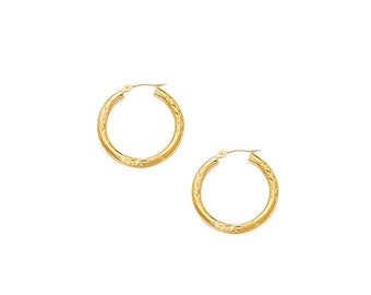 10K Yellow Gold 3mm Diamond Cut Hoop Earring with Hinged Closure For Women And Girls