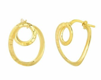 10K Yellow Gold Diamond Cut Double Hoop Earring with Hinged Closure For Women