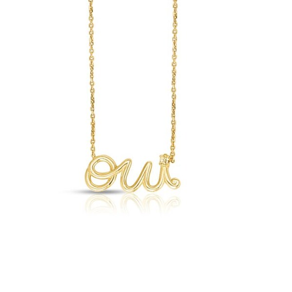 14K Yellow Gold "Oui" Necklace with .01ct Diamond. 18" total length with jump ring at 16" For Men And women With Lobster Claw