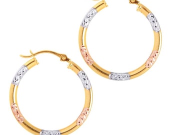 10K Yellow, Rose And White Gold Diamond Cut Hoop Earring with Hinged Closure For Women