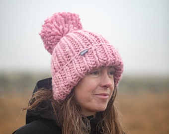 Oversized Chunky Bobble Hat, Large Soft Hand Knitted Pink Ladies Winter Beanie with large Pom