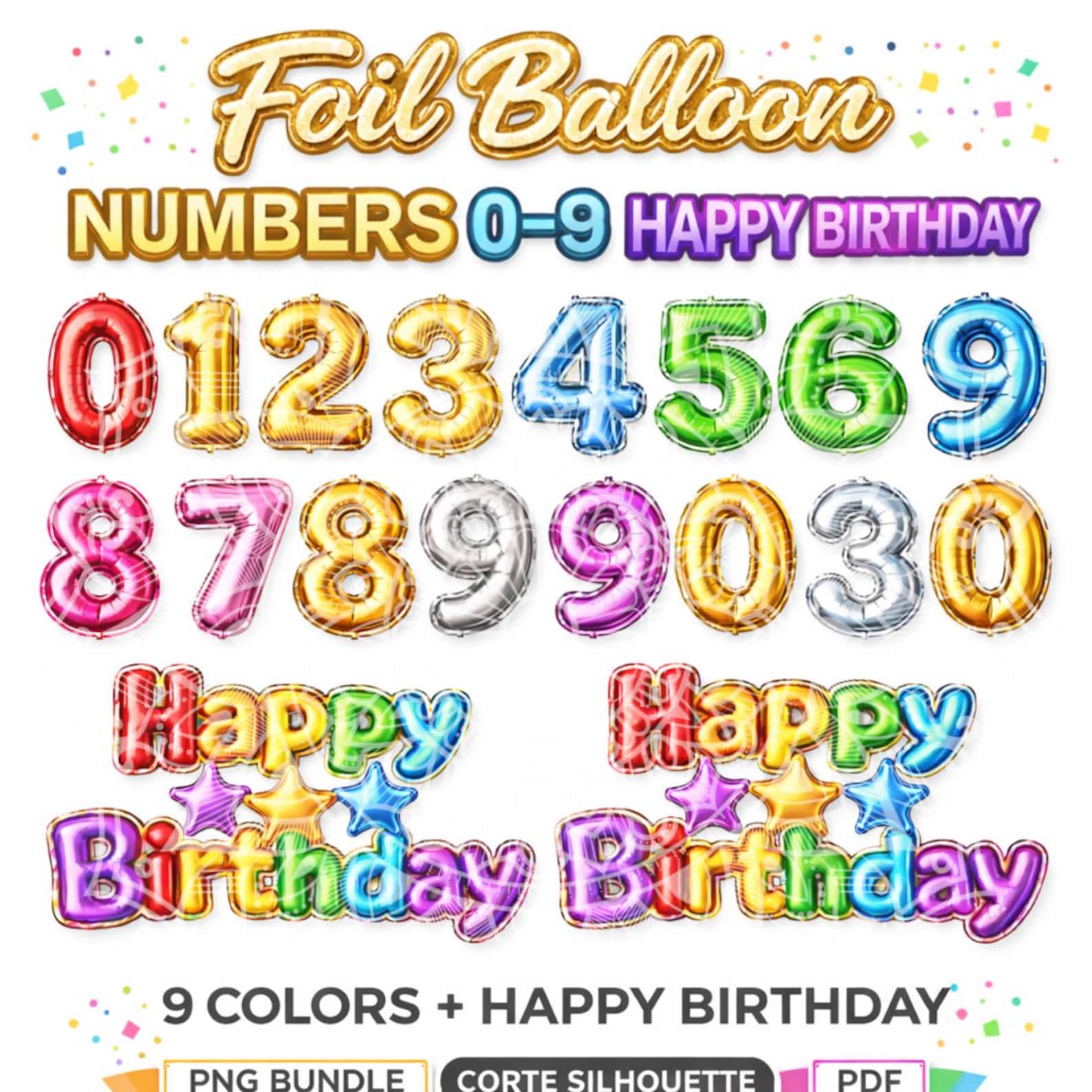 Foil Balloon Numbers 0-9 PNG Bundle – Happy Birthday Cake Topper ...