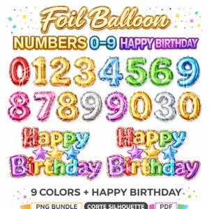 May include: A collection of foil balloons in the shape of numbers 0-9 and the words "Happy Birthday". The balloons are in various colors, including gold, red, blue, green, and silver. The text "Foil Balloon" is at the top.