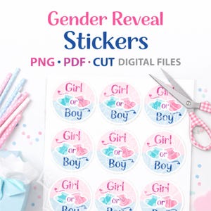 Puede incluir: Hoja de pegatinas de revelación de género con diseños rosas y azules. Cada pegatina tiene el texto "Girl or Boy" e imágenes de ropa de bebé. También se ven las palabras "Gender Reveal Stickers" y "PNG • PDF • CUT DIGITAL FILES".