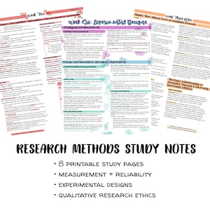 Research Methods Study Notes Bundle | Psychology Statistics Notes | Experimental Design Printable | Digital Download