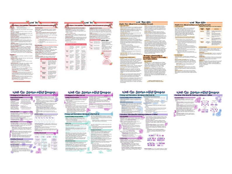 May include: A collection of eight educational study sheets featuring academic text, diagrams, and charts. The documents are organised by week, covering topics such as experimental designs, with headings like Week Two and Week Six in a script font.