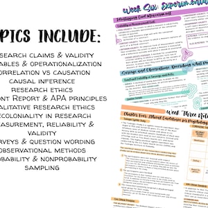 May include: A digital study guide featuring a list of topics including research claims, validity, variables, operationalisation, correlation, causation, causal inference, research ethics, the Belmont Report, APA principles, and sampling methods.