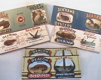 6-Vintage 8 1/4 x 3 1/4 Resin Wall Décor Old Can Label  Southern Shellfish Co. Prawns Southern Shellfish Company And More