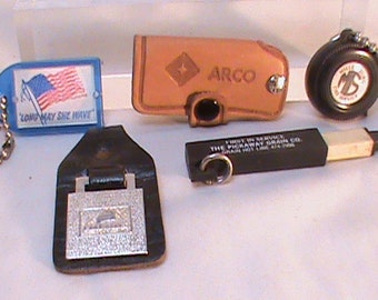 Vintage Keychain Lot Millersburg Tire Service With Ruler ARCO Leather FIAT AllIs Leather Pickaway Grain With Mini Pen Landmark American Flag