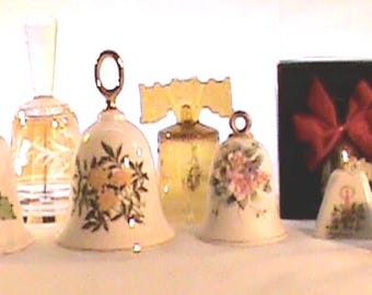 8-Vintage Porcelain, English Bone China, Glass, Silver Plated Hand Bells-Maurice Duchin, HH