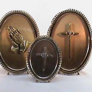 3-Vintage Oval Religious Praying Hands Brass Brass Like Framed