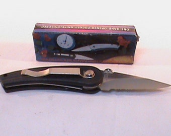 NOS One Hand Opener Pocket Knife 4" Closed Stainless Steel Blade Aluminum Handle Black Rubber Inlay