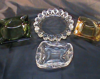 4-Vintage Ashtrays Mid Century Amber Mid Century Green 7 Inch FOSTORIA Clear Glass Art Deco Clear Glass  No Chips No Cracks