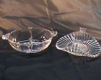 Vintage HEISEY 8 Inch Clear Glass Divided Dish And 6 1/2 Inch Clear Glass Handled  Bon Bon Plate No Chips No Cracks