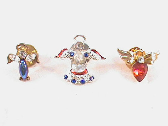 3-Vintage Jeweled Angel Lapel Pins And Winged AVO… - image 2