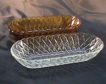 2-Vintage INDIANA GLASS 10 3/8 Inch Amber And Clear Glass Oblong Dishes No Chips No Cracks