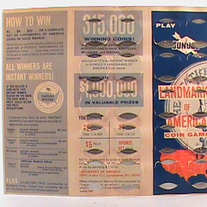 May include: A vintage game board with a blue and red design featuring the text "Landmarks of America Coin Game". The board has 35 small circles with a coin inside each circle. The board also has a picture of the Statue of Liberty and a map of the United States. The text "315,000 Winning Coins!" is at the top of the board.