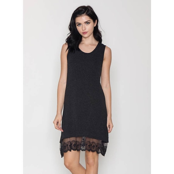 Black Rayon Tank Dress with Lace Hem