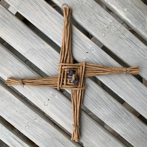 St. Brigid's Cross with Crystal, Imbolc Ornament, Celtic Festival, Home Protection from Evil, Hunger and Fire