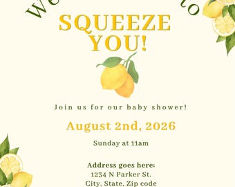Invitación para baby shower con temática de limones, diseño Main Squeeze Citrus, plantilla editable de Canva (descarga instantánea)