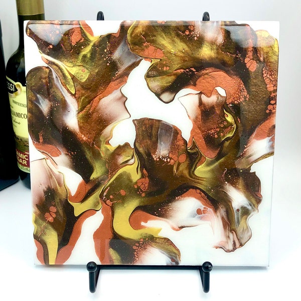 8x8”, Use this Original Fluid Art Piece to Hold Hot Cookware, Handpainted Artwork is Resin Coated, Ideal Art Trivet for Copper/Brown Kitchen