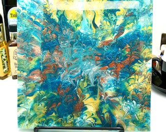 Large Heat-Resistant Fluid Art Tile Trivet: 8x8” Resin-Coated, Potholder, Ideal Gift