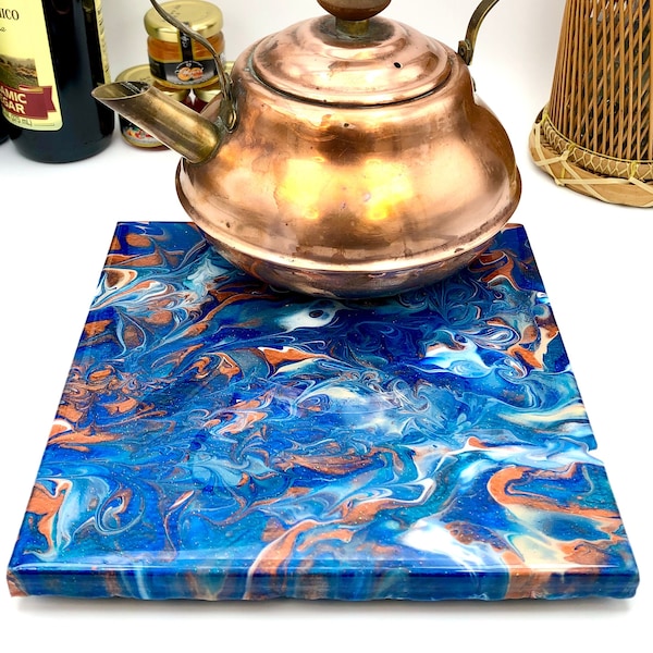 8x8”, Elegant Blue & Copper Hand-painted Tile Art Piece, Holds Hot Dishes and More, Fluid Artwork is Resin Coated, Heat Resistant up to 500’