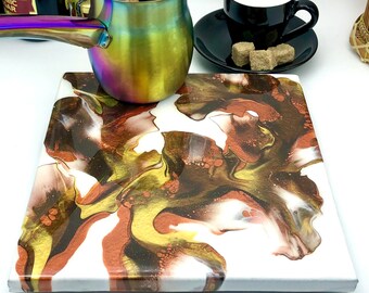 8x8”, Use this Original Fluid Art Piece to Hold Hot Cookware, Handpainted Artwork is Resin Coated, Ideal Art Trivet for Copper/Brown Kitchen