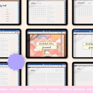 May include: A digital planner displayed on multiple tablet screens, featuring a cover with the text Grateful Vibes Journal, pastel rainbow and cloud illustrations, monthly calendar layouts, and lined daily pages with a light pink color scheme.