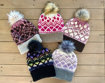 Women&#39;s hand-knit winter heart hat// Hand-knit fair-isle hat with hearts// Women&#39;s heart beanie// Love You Always beanie// Valentine&#39;s hat